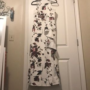 White maxi dress with metallic flowers